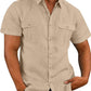 Men's Double Pocket Cotton Linen Short Sleeve  Casual Vacation Shirts