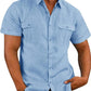 Men's Double Pocket Cotton Linen Short Sleeve  Casual Vacation Shirts