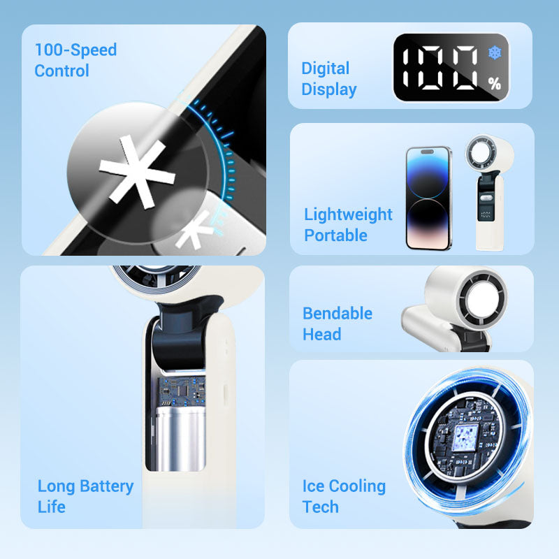❄️ 3 in 1 Mini Handheld Cooling Fan - 199 Speed Wind Power & Ice Cooling Function