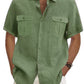 Men's Double Pocket Cotton Linen Short Sleeve  Casual Vacation Shirts