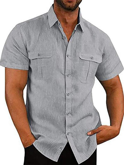 Men's Double Pocket Cotton Linen Short Sleeve  Casual Vacation Shirts