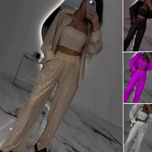 2025 HOT SALE💐Sequin blazer and wide trousers for women (3-piece set)