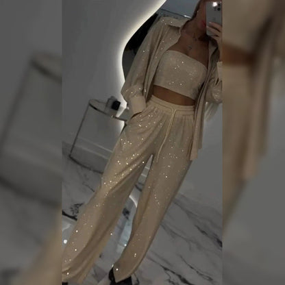 2025 HOT SALE💐Sequin blazer and wide trousers for women (3-piece set)