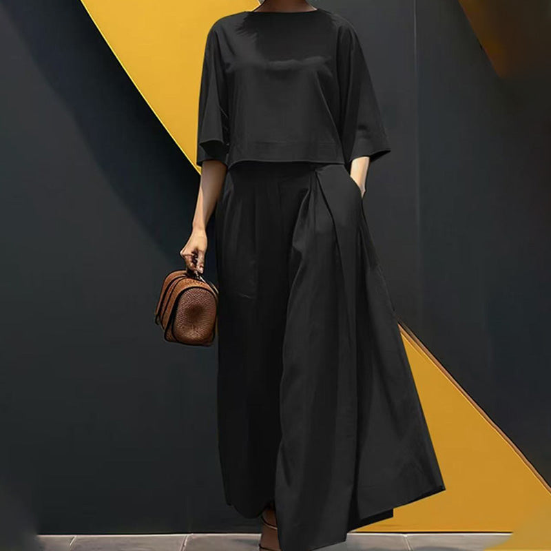 Women's Casual Round Neck 3/4 Sleeve T-Shirt & Loose Pants 2-Piece Set