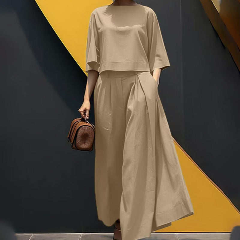 Women's Casual Round Neck 3/4 Sleeve T-Shirt & Loose Pants 2-Piece Set