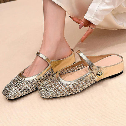 Women's Woven Mary Jane Mules - Breathable Square-Toe Slip-On Shoes